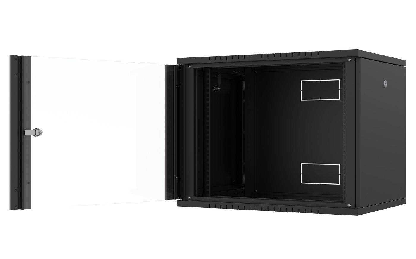 Offener schwarzer, an der Wand montierter Ausrüstungsschrank mit aufgeschwungener Vordertür, die ein leeres Inneres und Montageschienen zeigt.