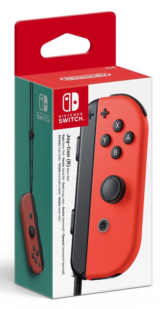 Eingepackter Nintendo Switch Joy-Con-Controller in Rot, gezeigt in Vorder- und Seitenansicht auf einer Einzelhandelsverpackung.