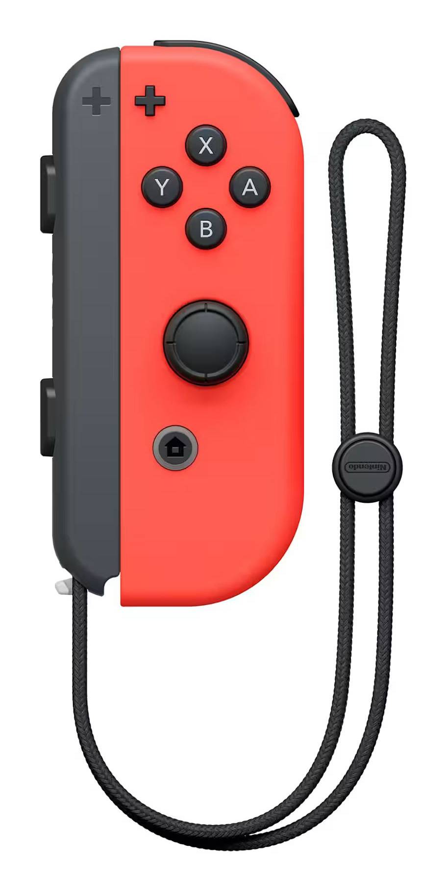 Roter Nintendo Switch Joy-Con-Controller mit schwarzen Tasten und Handgelenkschlaufe isoliert auf weißem Hintergrund.