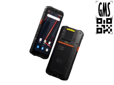 Zwei Ansichten eines robusten schwarzen Sunmi L2s-Handgeräts, die die Touchscreen-Vorderseite und die Barcode-Scanner-Rückseite mit einem GMS-QR-Code-Logo zeigen.