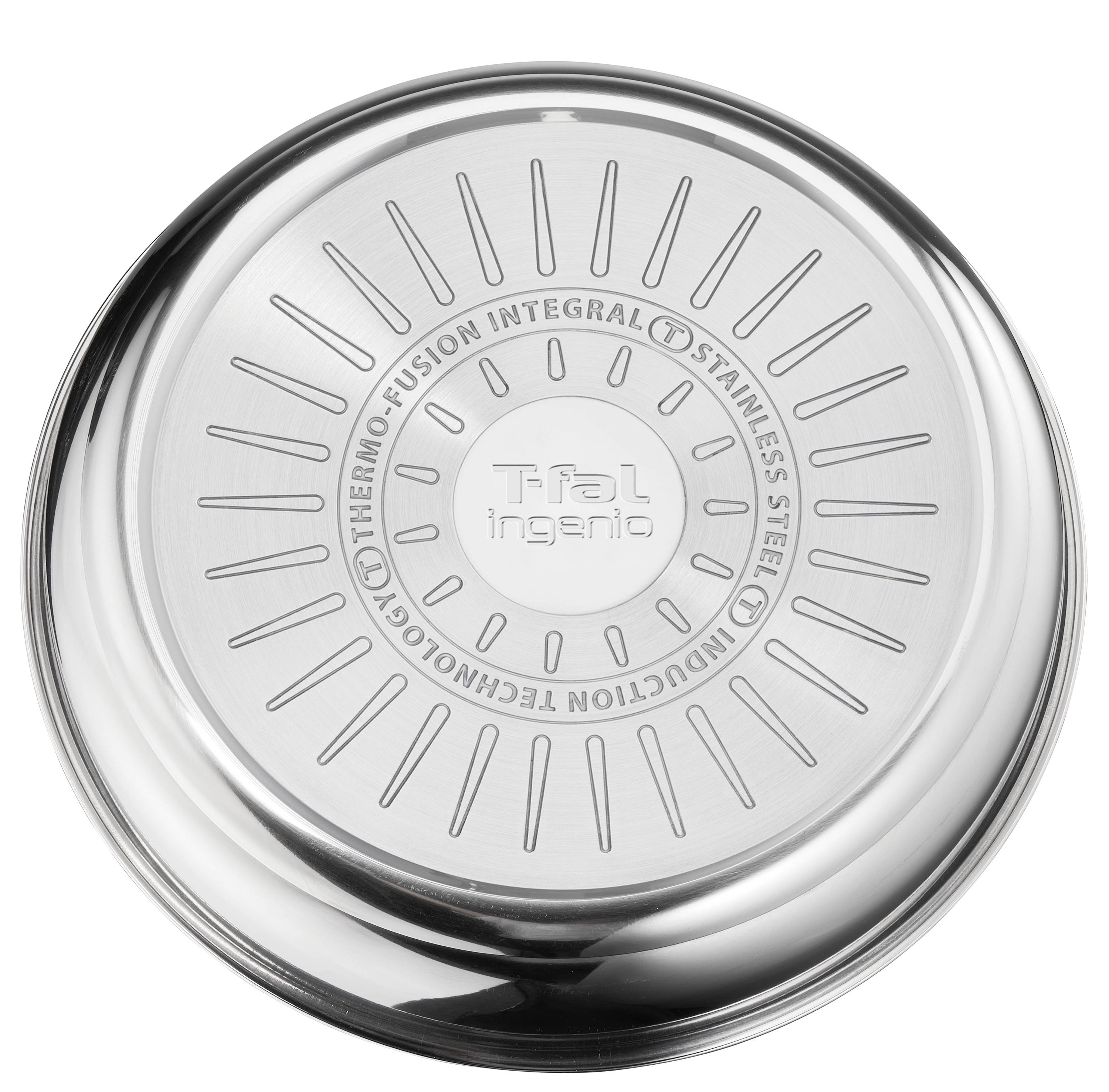 Unteransicht eines Deckels aus Edelstahl für eine Pfanne oder einen Topf mit T-fal Ingenio-Logo und konzentrischen belüftungsartigen Markierungen.