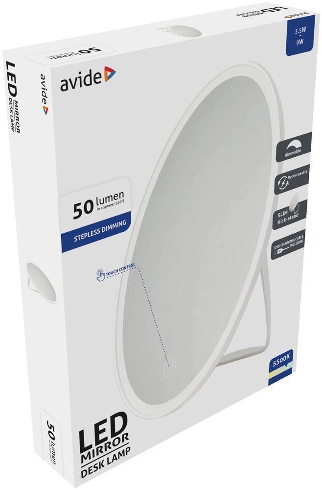 Produktbox für eine Avide LED-Spiegeltischleuchte mit 50 Lumen, stufenloser Dimmfunktion, 3,5W und 5000K kaltweißem Licht.