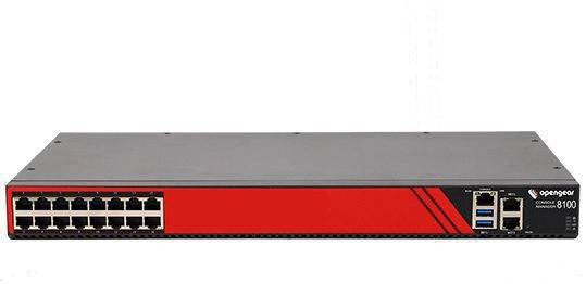 Frontansicht eines Opengear 8100-Rackmount-Netzgeräts mit 16 Ethernet-Anschlüssen und mehreren USB- und Konsolenanschlüssen auf der rechten Seite.