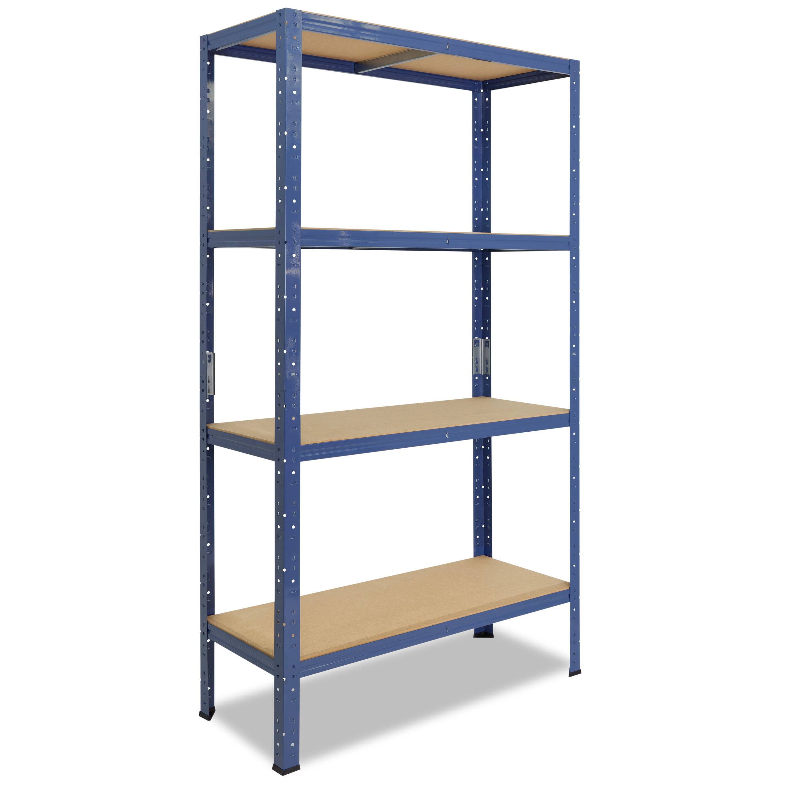 Blaue Metalllagerschrank-Einheit mit vier Holzregalen auf weißem Hintergrund.