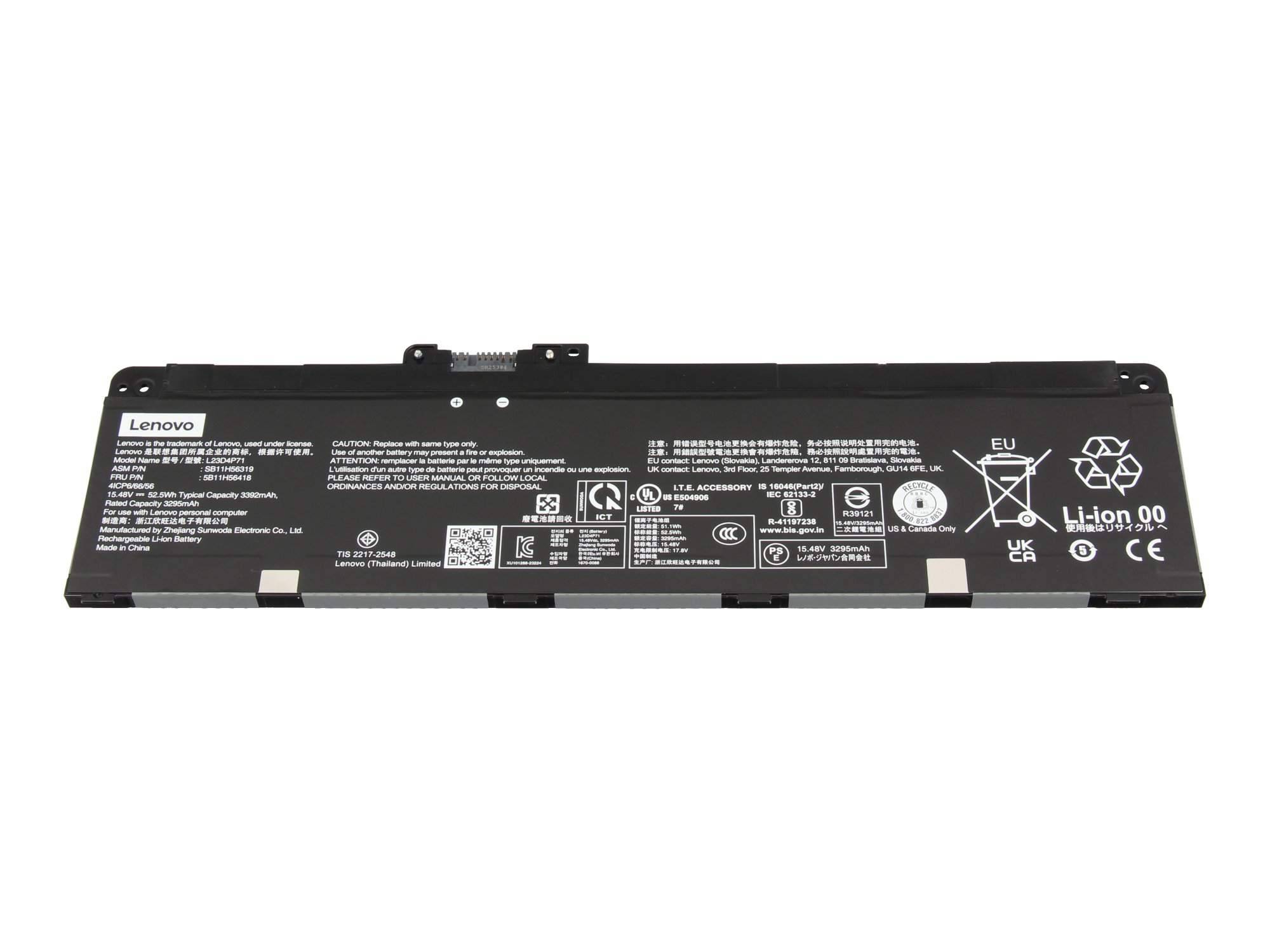 Lenovo-Laptop-Akku mit Produktetiketten, Sicherheitssymbolen und Zertifizierungsmarkierungen auf einem schwarzen rechteckigen Modul.