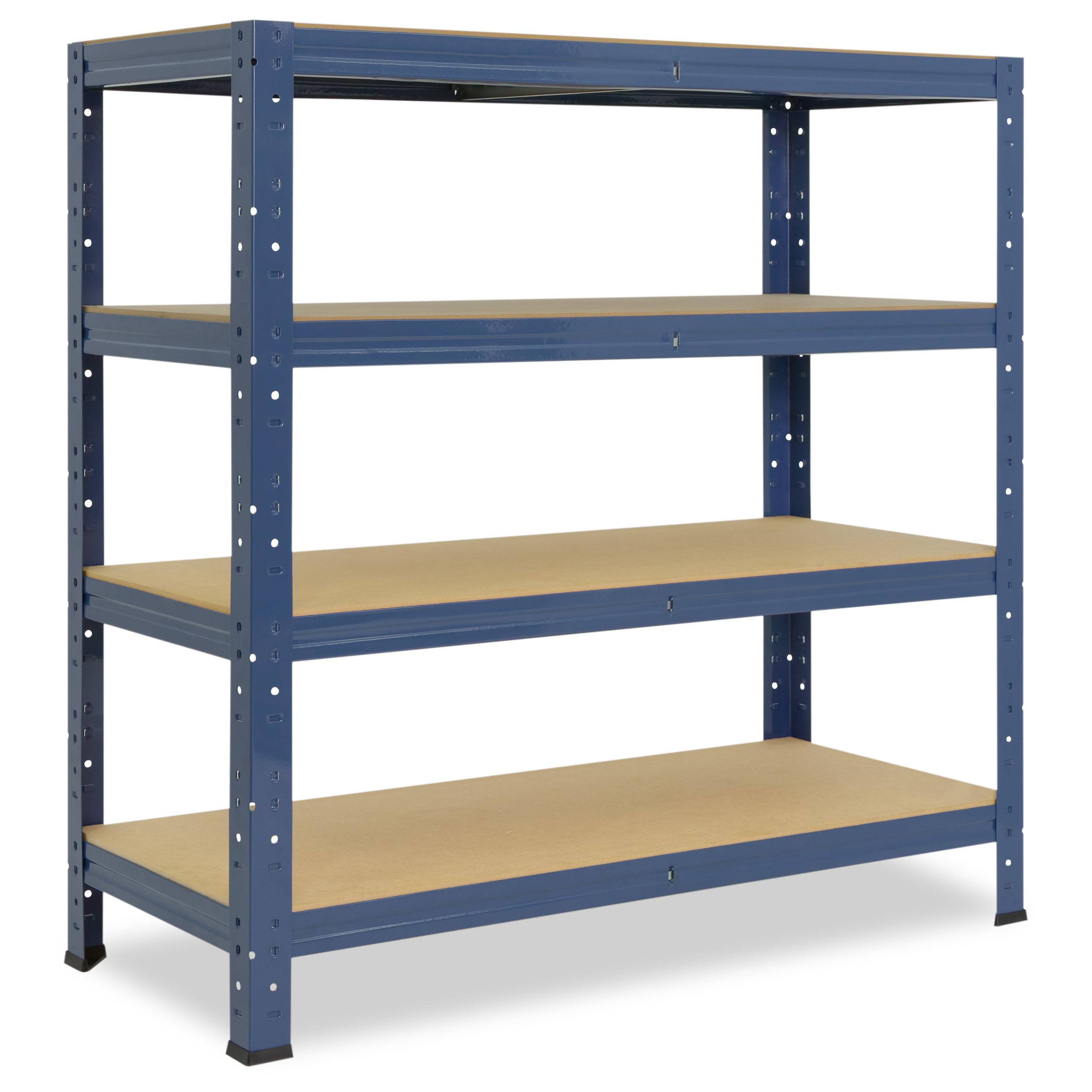 Blaues industrielles Metallregal mit vier beigen Regalboden auf weißem Hintergrund.