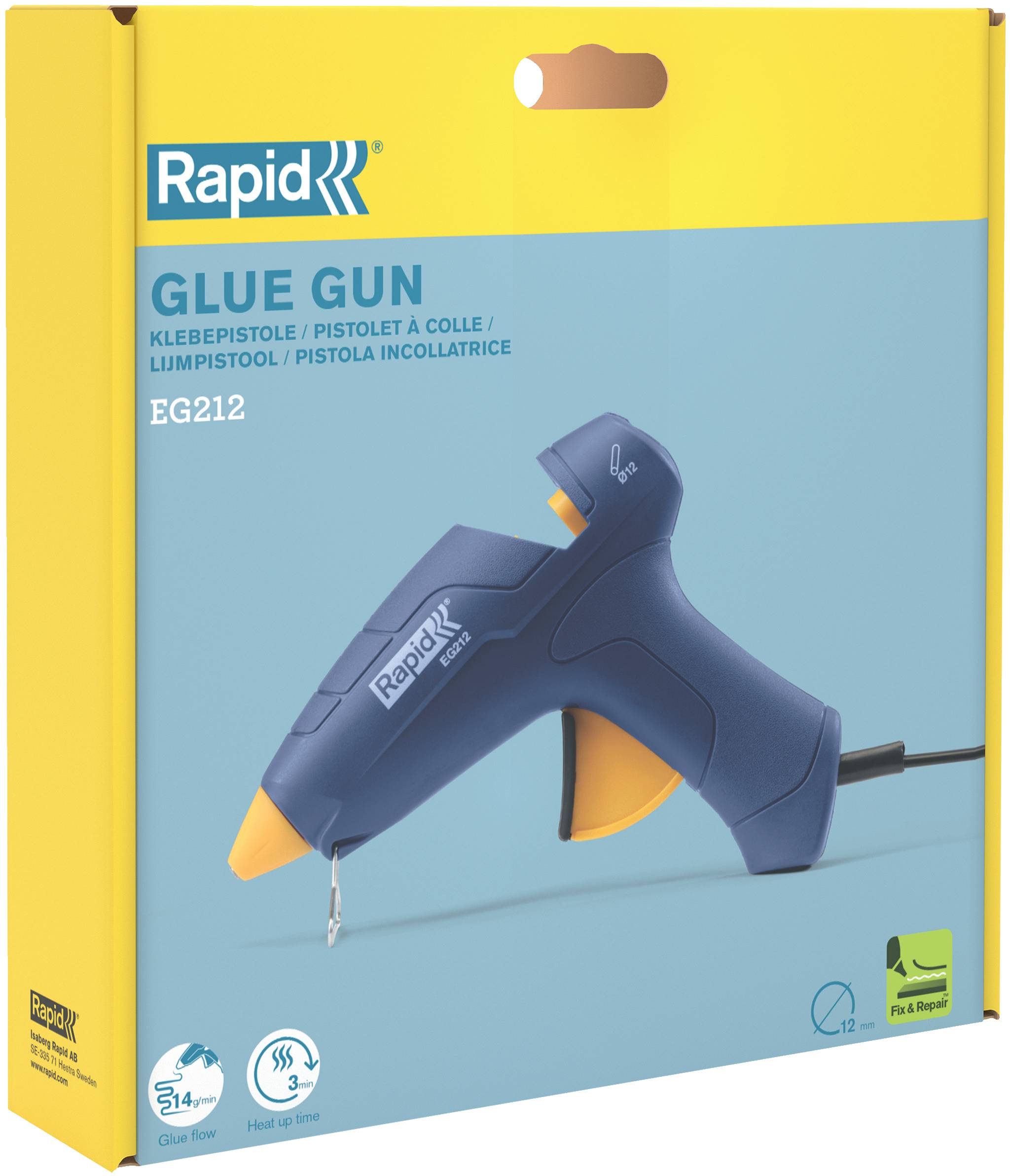 Verpackung für eine Schnellklebepistole EG212, die auf der Vorderseite der Schachtel eine blaue und gelbe elektrische Heißklebepistole zeigt.