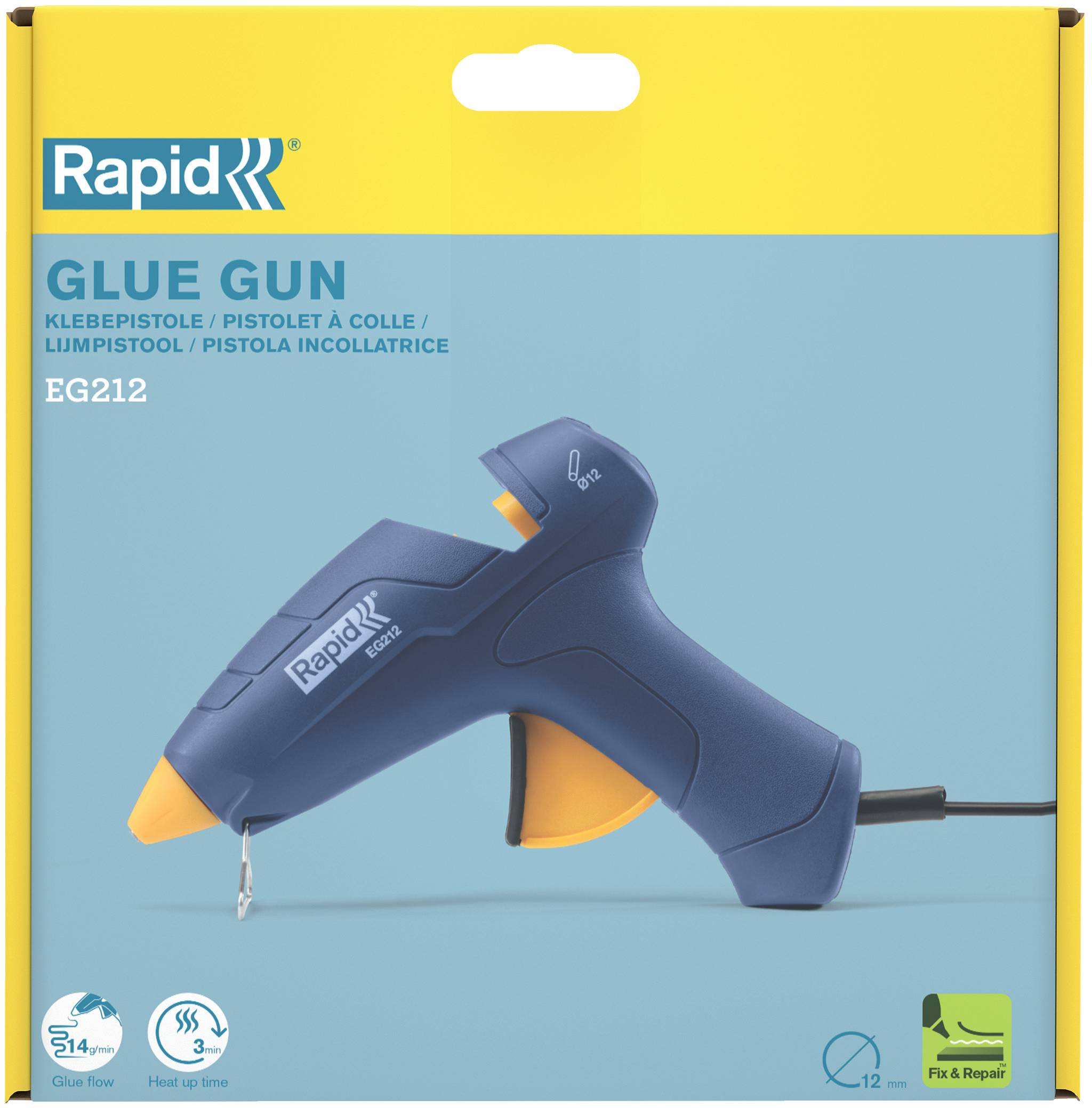 Verpackung für Rapid-Heißklebepistole EG212, die eine blau-gelbe elektrische Heißklebepistole auf einer hellblauen Box mit Produktname und Symbolen für 14-mm-Sticks, 3-Minuten-Aufheizzeit und Befestigungs- und Reparaturanwendung zeigt.