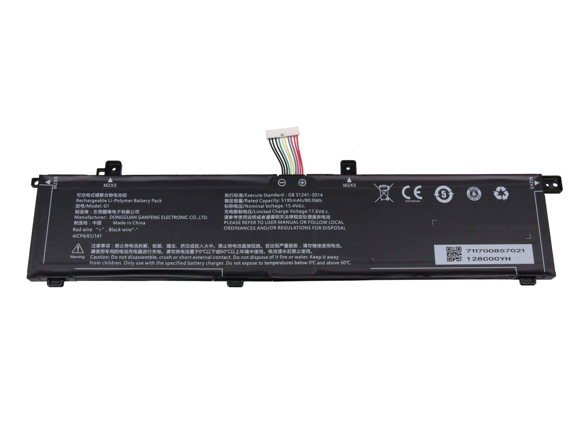Schwarzes Laptop-Akkupack mit mehrfarbigem Stecker und gedruckten Sicherheitsetiketten auf weißem Hintergrund.