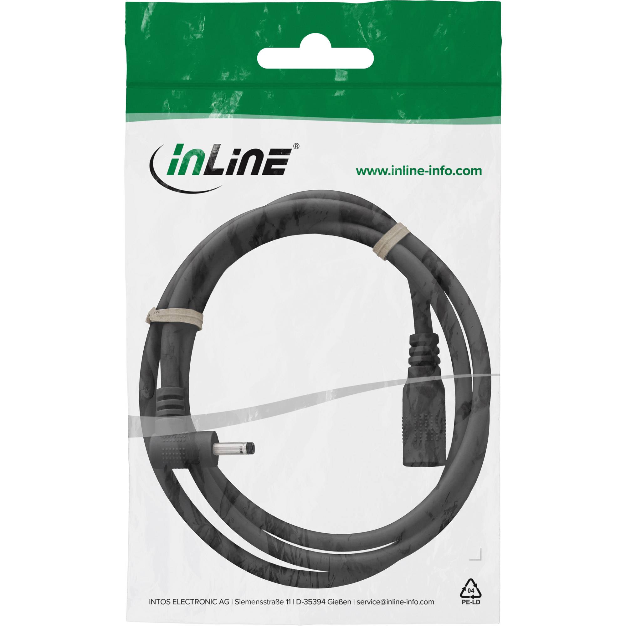 Paket eines schwarzen InLine-Stromkabels mit abgewinkeltem Stecker, gezeigt in klarer Einzelhandelverpackung mit grüner Kopfzeile und Markenlogo.