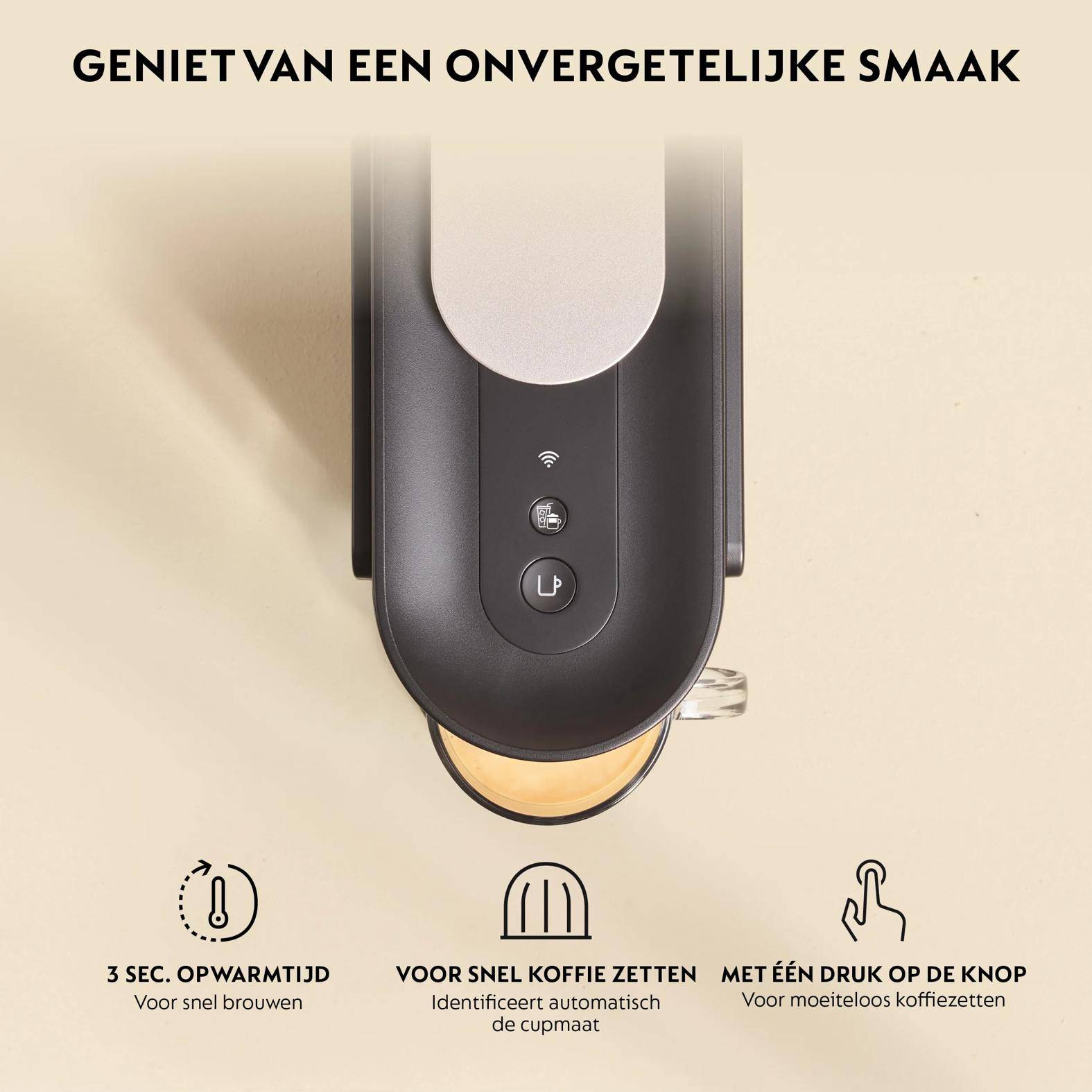 Promotionsbild einer Kaffeemaschine mit deutschem Text: „Genießen Sie einen unvergesslichen Geschmack" und drei Funktionssymbole für 3 Sekunden Aufwärmzeit, schnelle Kaffeebrühung und Bedienung mit einem Knopfdruck.