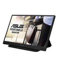 ASUS tragbarer Monitor auf einem Ständer, der eine Person zeigt, die einen Aktenkoffer trägt, mit dem Text „ASUS PORTABLE MONITOR