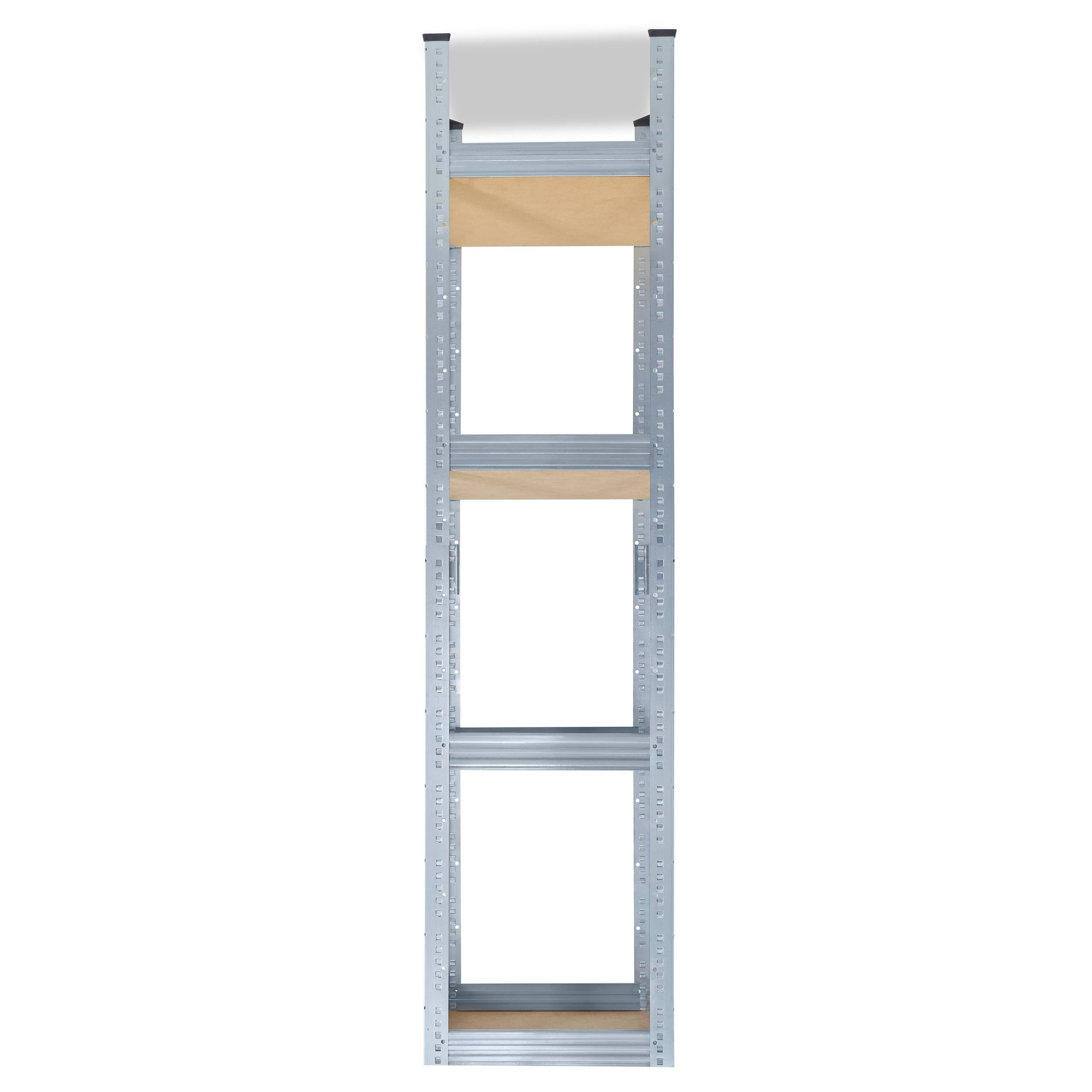 Hohes graues Metall-Lagershelving mit vier leeren Holzregalen auf weißem Hintergrund.