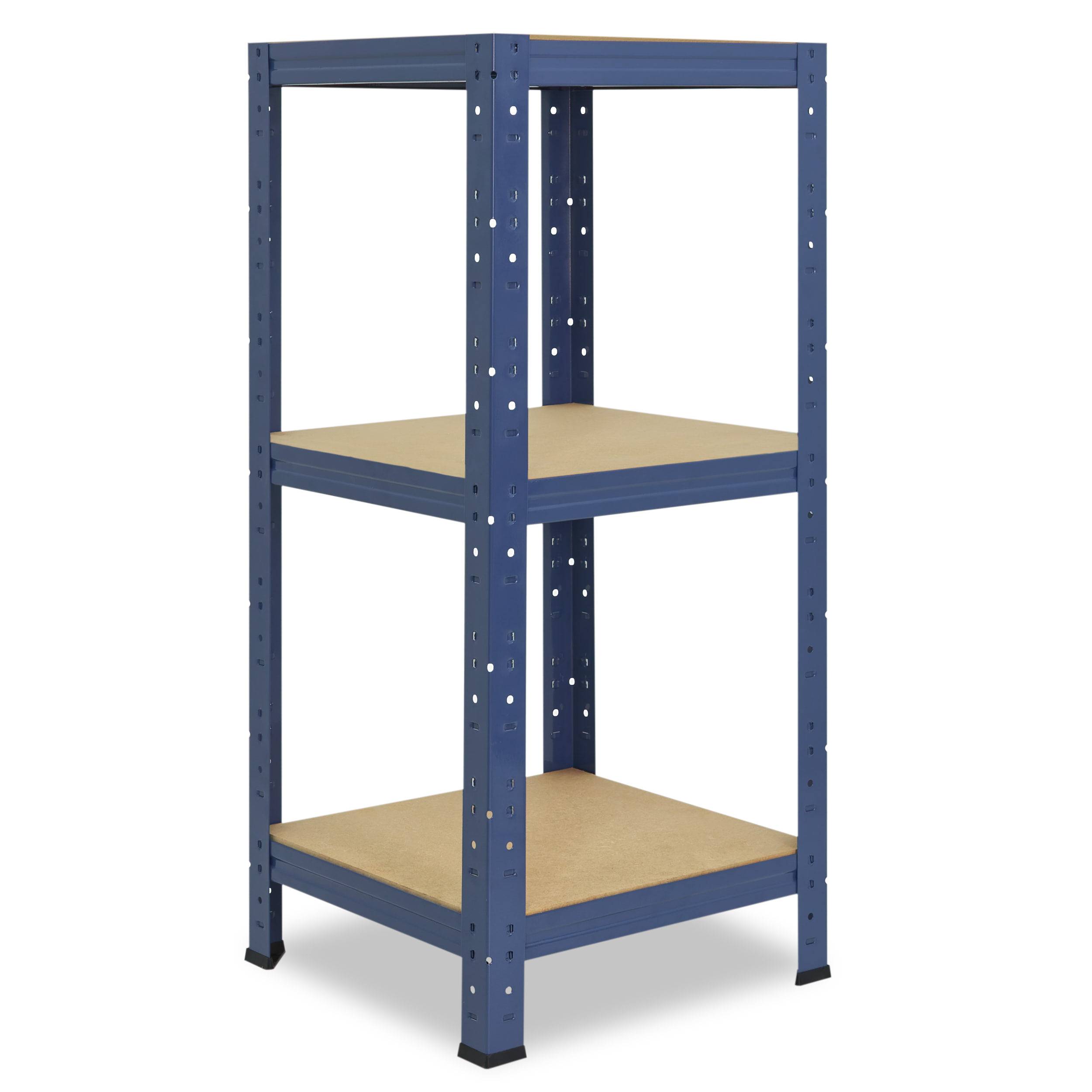 Blaues Metallregal mit drei Regalboden und beigen Holzplattformen, auf weißem Hintergrund abgebildet.