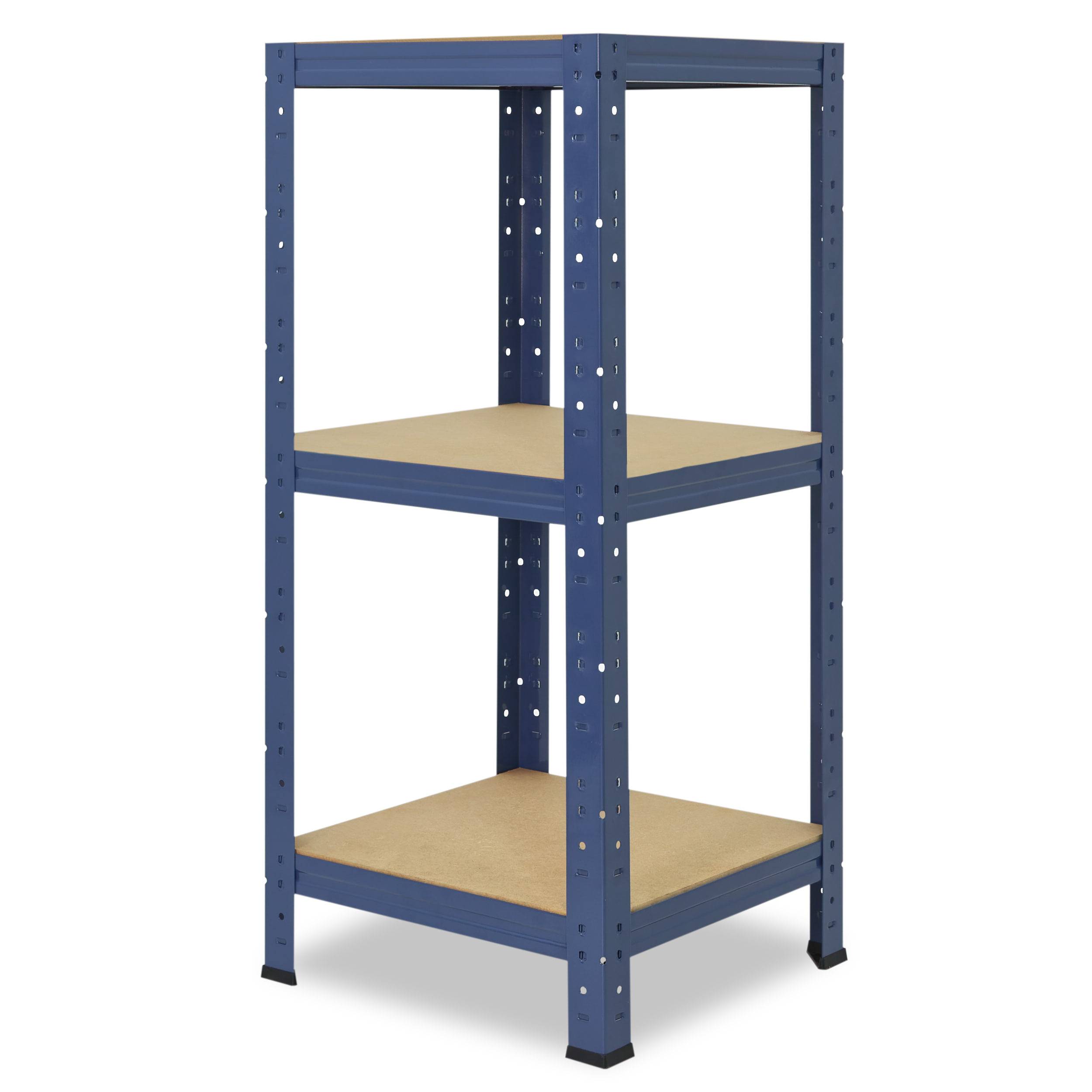 Blaues Metallregal mit zwei Holzregalen, auf weißem Hintergrund dargestellt.