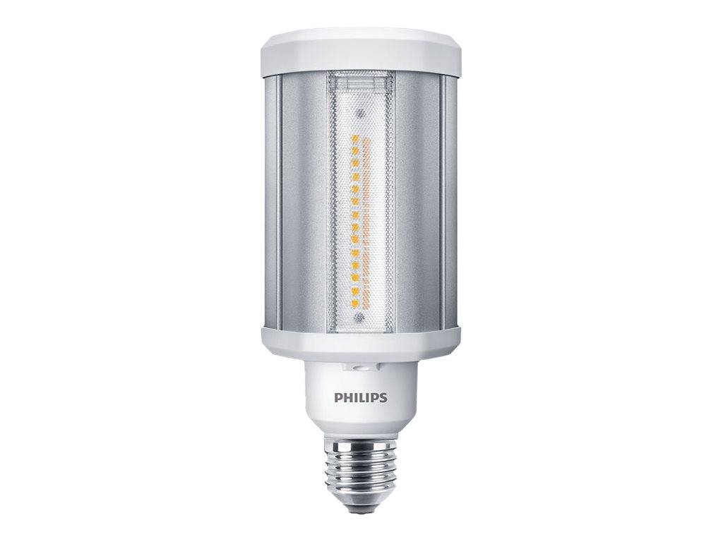 Philips LED-Glühbirne mit zylindrischem silbernem Gehäuse und sichtbarem vertikalem LED-Streifen, auf weißem Hintergrund dargestellt.