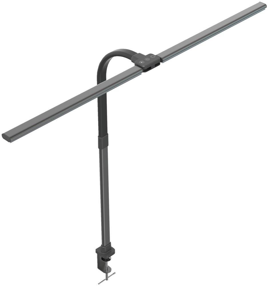 Verstellbare Klemmleuchte mit LED-Lichtleiste, vertikalem Arm und horizontalem Kopf, konzipiert für die Montage an Schreibtisch oder Werkbank.