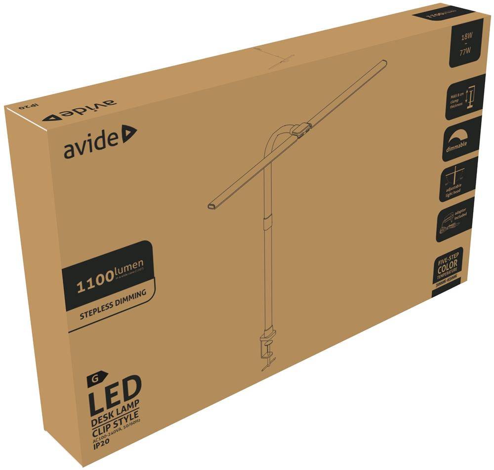 Schachtel für eine Avide Alpine LED-Schreibtischleuchte, Klemmausführung, 1100 Lumen, stufenloses Dimmen, mit einer Strichzeichnung der Leuchte.