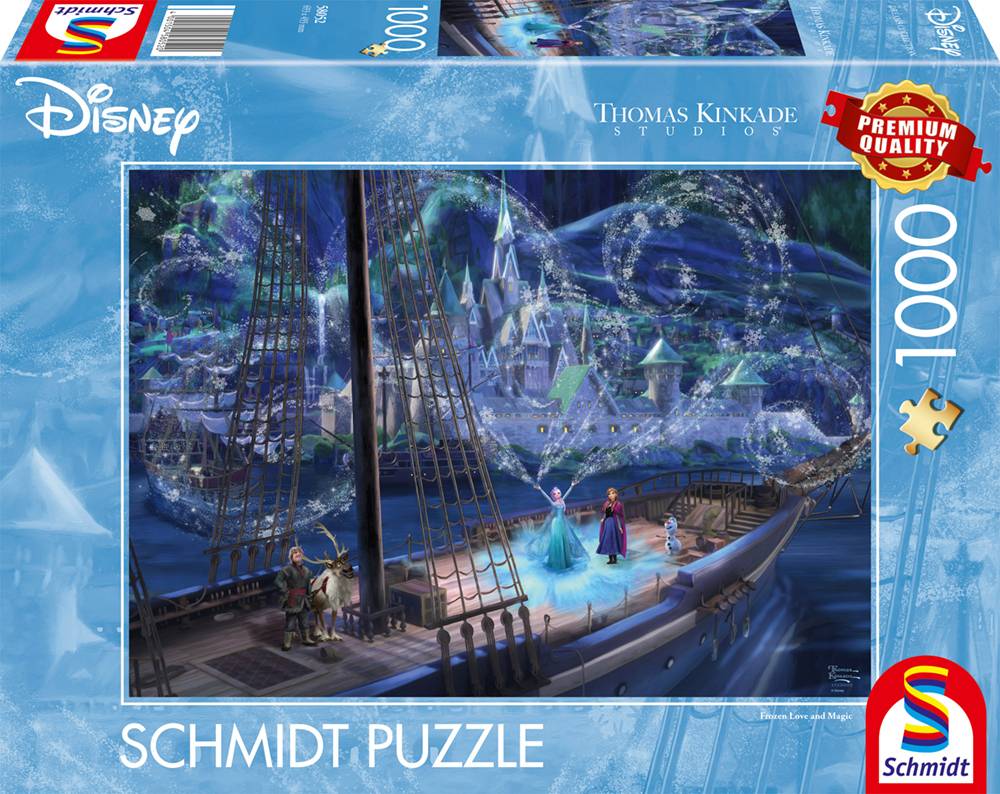 Disney Thomas Kinkade Studios 1000er Schmidt-Puzzle mit einer vereisten Schlossszene und Frozen-Charakteren auf einem Schiff auf dem Meer.