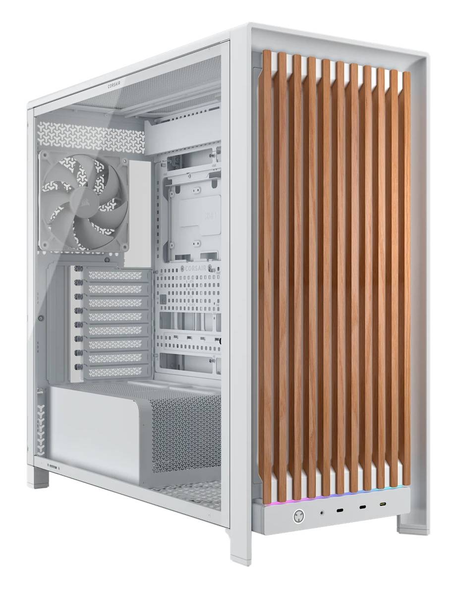 Offenes Desktop-Computer-Gehäuse mit Seitenfenster und sichtbaren internen Komponenten, vorne mit Holzlattenpanel und Stromausgang.