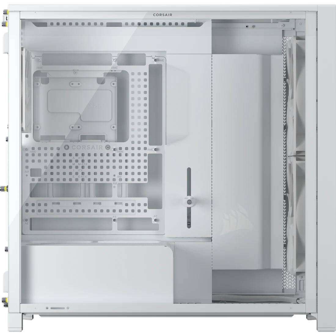 Corsair PC-Gehäuse-Innenseite in Weiß mit Glasseitenpanel, Hauptplatinen-Schacht, Kabelführungskanäle und Netzteil-Abdeckung.