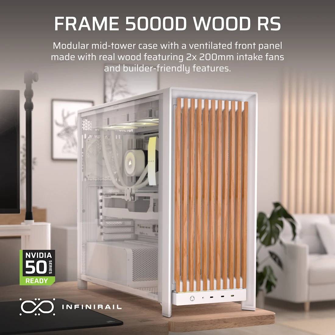 Werbebild eines weißen FRAME 5000D WOOD RS PC-Gehäuses mit Holzlamellen-Frontplatte, das eine Seitenansicht des Inneren und ein 50er-Serie-Ready-Badge zeigt.