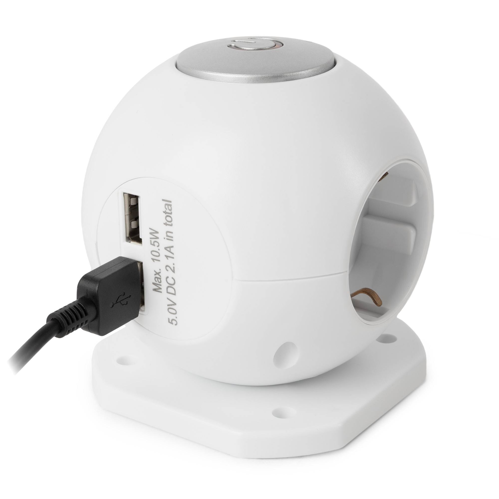 Weißer kugelförmiger USB-Stromadapter mit einem USB-Anschluss und einer runden Seitenöffnung, montiert auf einer rechteckigen Basis.