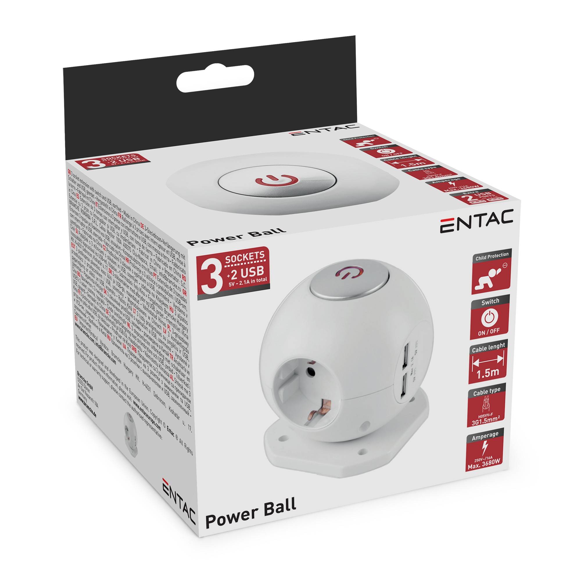 Paket für ENTA C „Power Ball" 3-Steckdose, 2-USB-Stromadapter mit Schalter, 1,5 m Kabel, weiß.