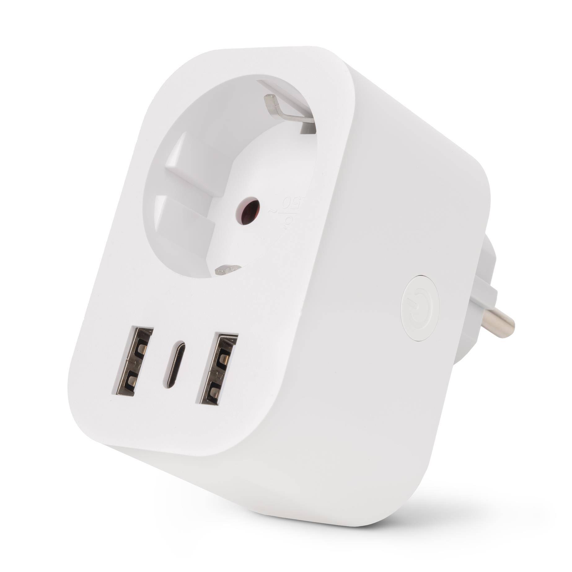 Weißer Stecker-Netzteil mit Durchgangs-Stromauslass und zwei USB-A-Anschlüssen auf der Vorderseite, gezeigt auf weißem Hintergrund.