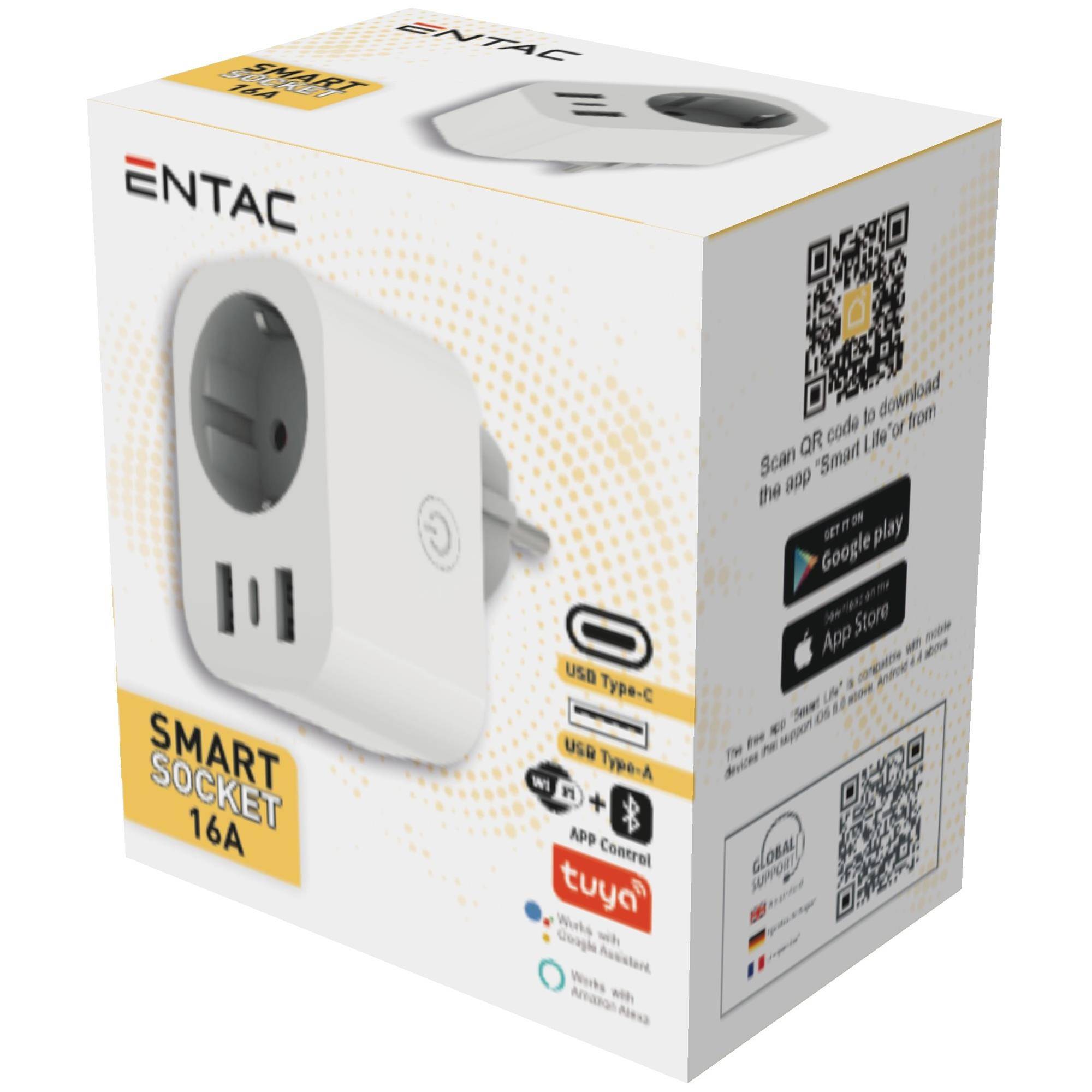 Karton für einen ENTAC 'SMART SOCKET 16A' Smart-Plug mit USB-Typ-C- und Typ-A-Anschlüssen, App-Steuerung über Tuya und QR-Codes zum Download und zur Einrichtung.