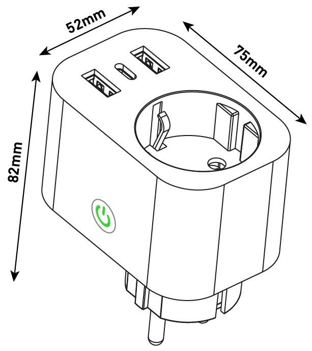 Diagramm eines Steckeradapters mit einem runden Auslass, zwei USB-Anschlüssen und den beschrifteten Abmessungen 52 mm, 75 mm und 82 mm.