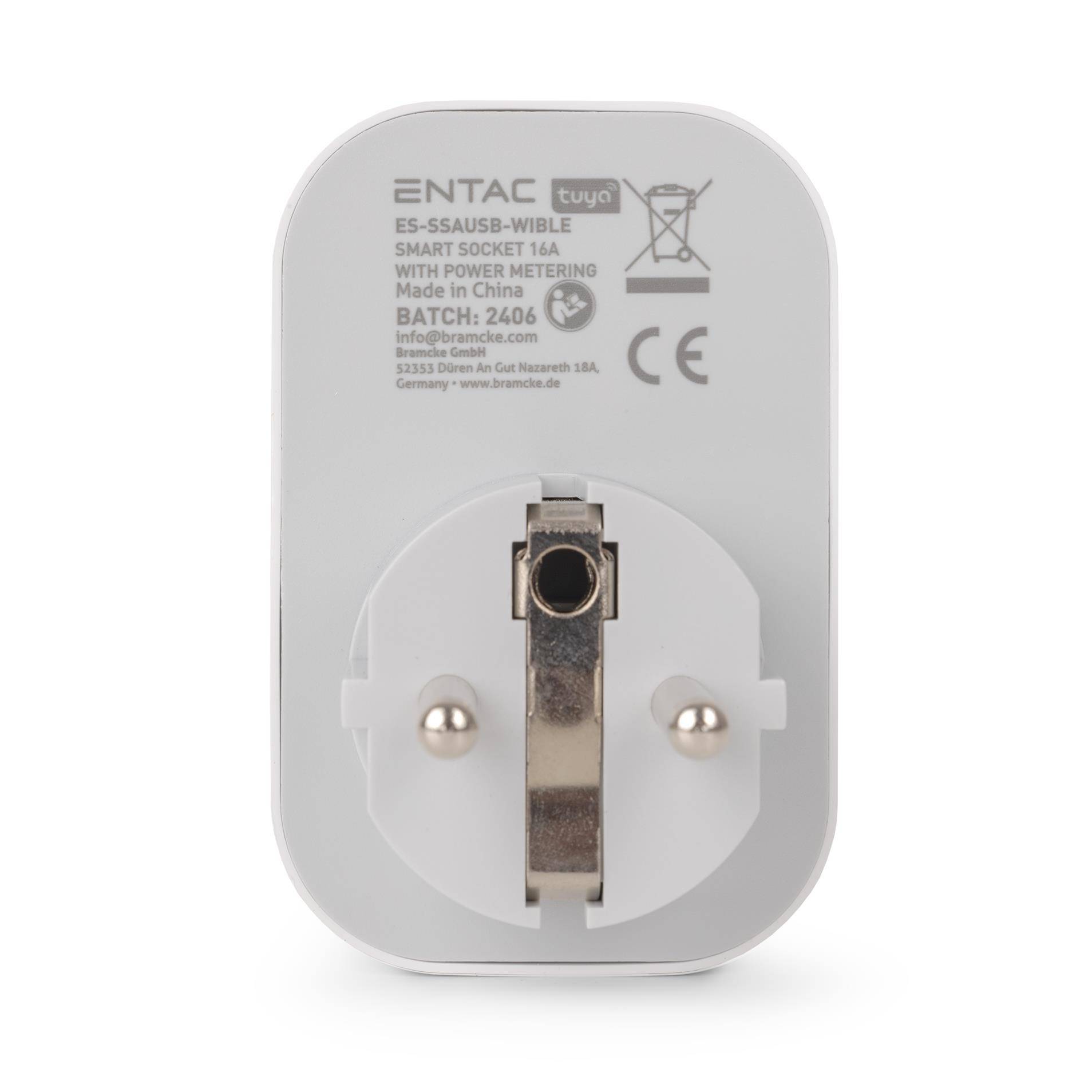 Weißer Entac Tuya Smart-Steckdosenadapter mit Leistungsmessung, Vorderansicht mit EU-Steckerkontakten und Produktetiketten.