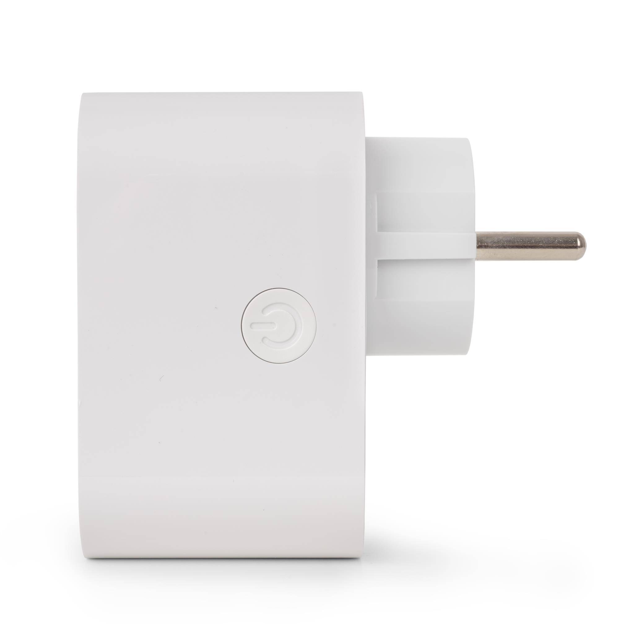 Weißer Elektrostecker-Adapter mit einem Stromsymbol auf der Vorderseite und zwei runden Stiften, die nach rechts herausragen.