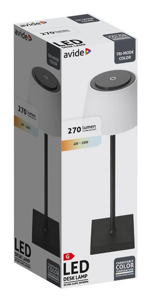 Karton für eine Avid LED-Schreibtischleuchte, die eine schwarze Leuchte mit rundem Kopf zeigt, 270 Lumen Lichtstrom, 4W-26W, Tri-Mode-Farbe und veränderbare Farbtemperatur.