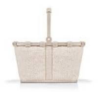 Beige Gewebetasche mit Lederbesatz und Henkeln auf weißem Hintergrund.