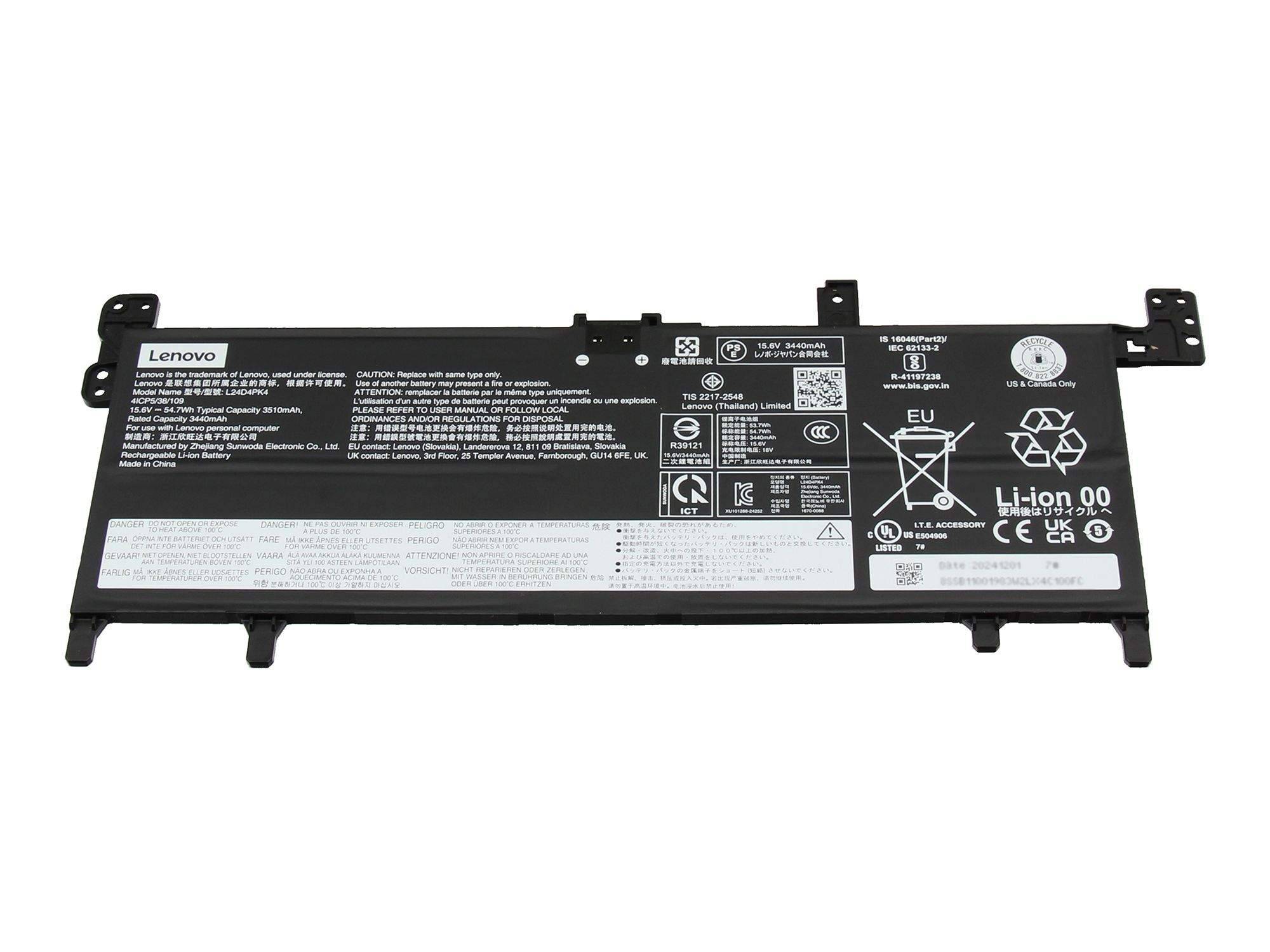 Lenovo Laptop-Akku auf weißem Hintergrund mit Sicherheits- und Recycling-Kennzeichnungen.