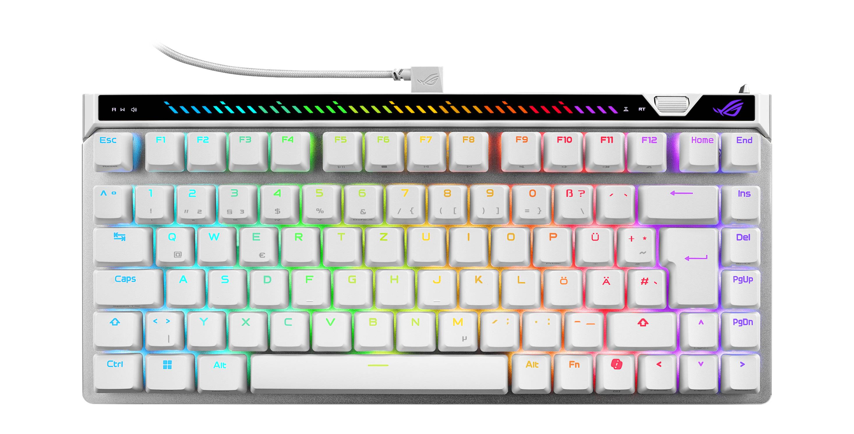 Kompakte weiße mechanische Tastatur mit RGB-Hintergrundbeleuchtung und abnehmbarem Kabel, von oben fotografiert.