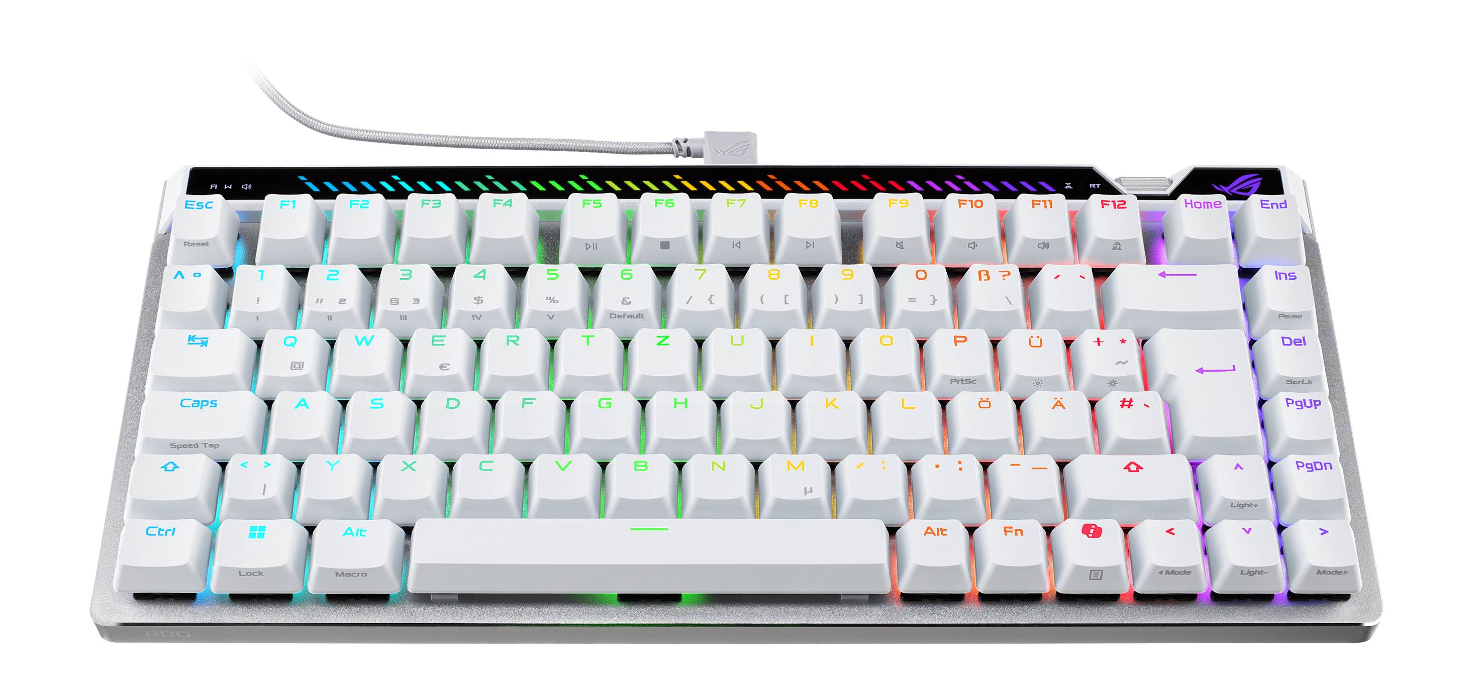 Kompakte weiße mechanische Tastatur mit RGB-beleuchteten Tasten und abnehmbarem Kabel, von oben auf einem einfachen Hintergrund fotografiert.