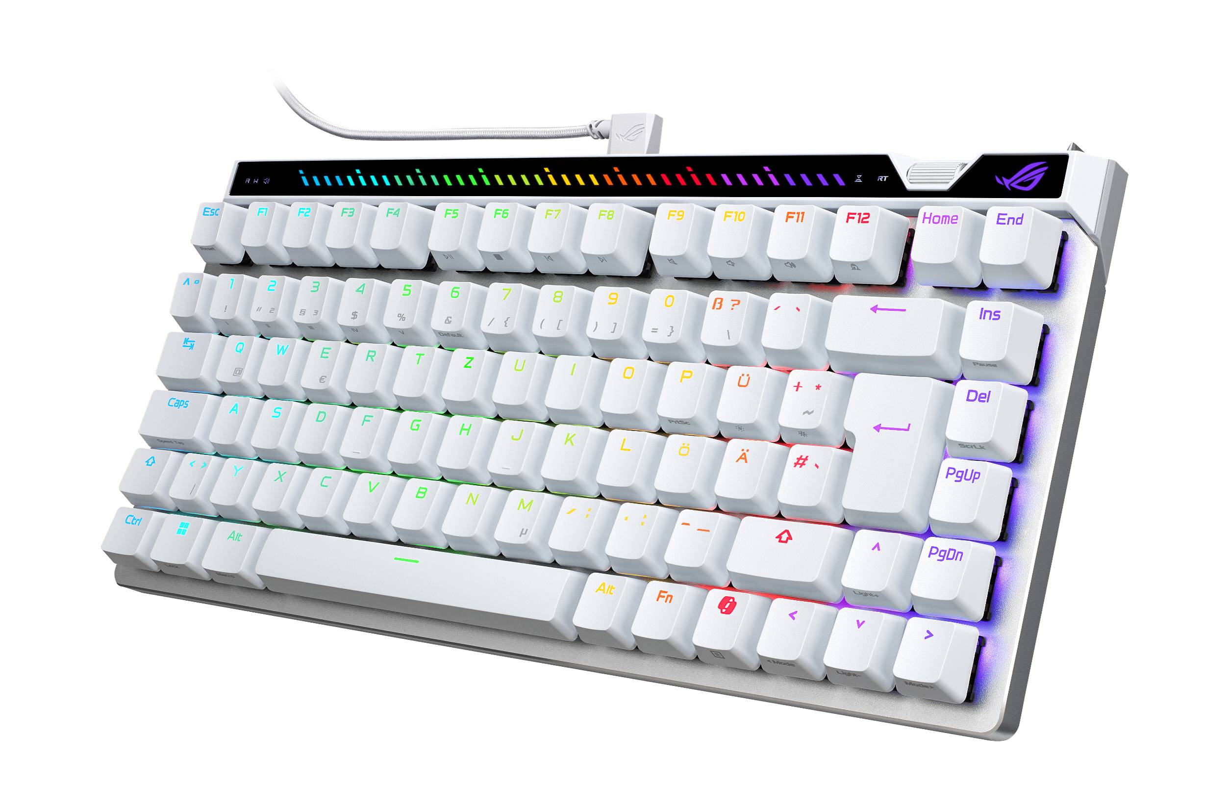 Kompakte weiße mechanische Tastatur mit RGB-Hintergrundbeleuchtung und abnehmbarem Kabel, in schrägem Winkel auf weißem Hintergrund abgebildet.