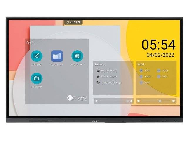 Ein digitales Anzeigebildschirm-Startbildschirm auf einem großen Display zeigt App-Symbole, Einstellungen und Eingabemenüs an, mit der Uhrzeit 05:54 und dem Datum 04/02/2022.