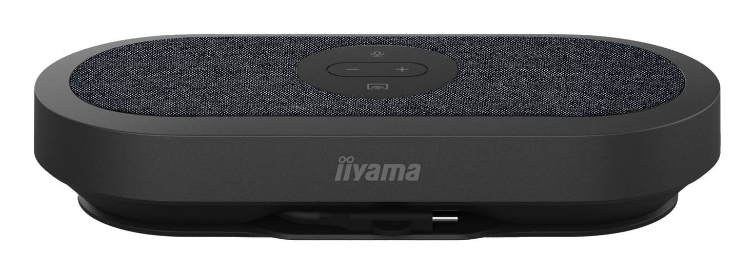 Schwarzes iiyama Tischkonferenz-Freisprechtelefon mit Stoffoberfläche, zentral angebrachtem Bedienfeld und USB-Anschluss auf der vorderen Kante.