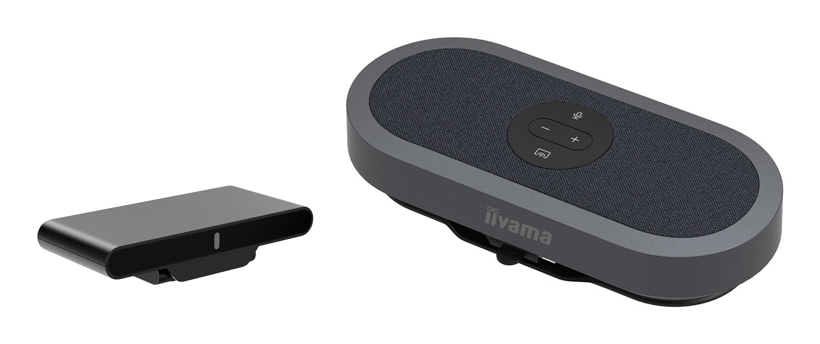 Zwei Ansichten eines schwarzen Iiyama-Videokonferenz-Freisprechtelefons mit integrierter Kamera und Steuertasten.