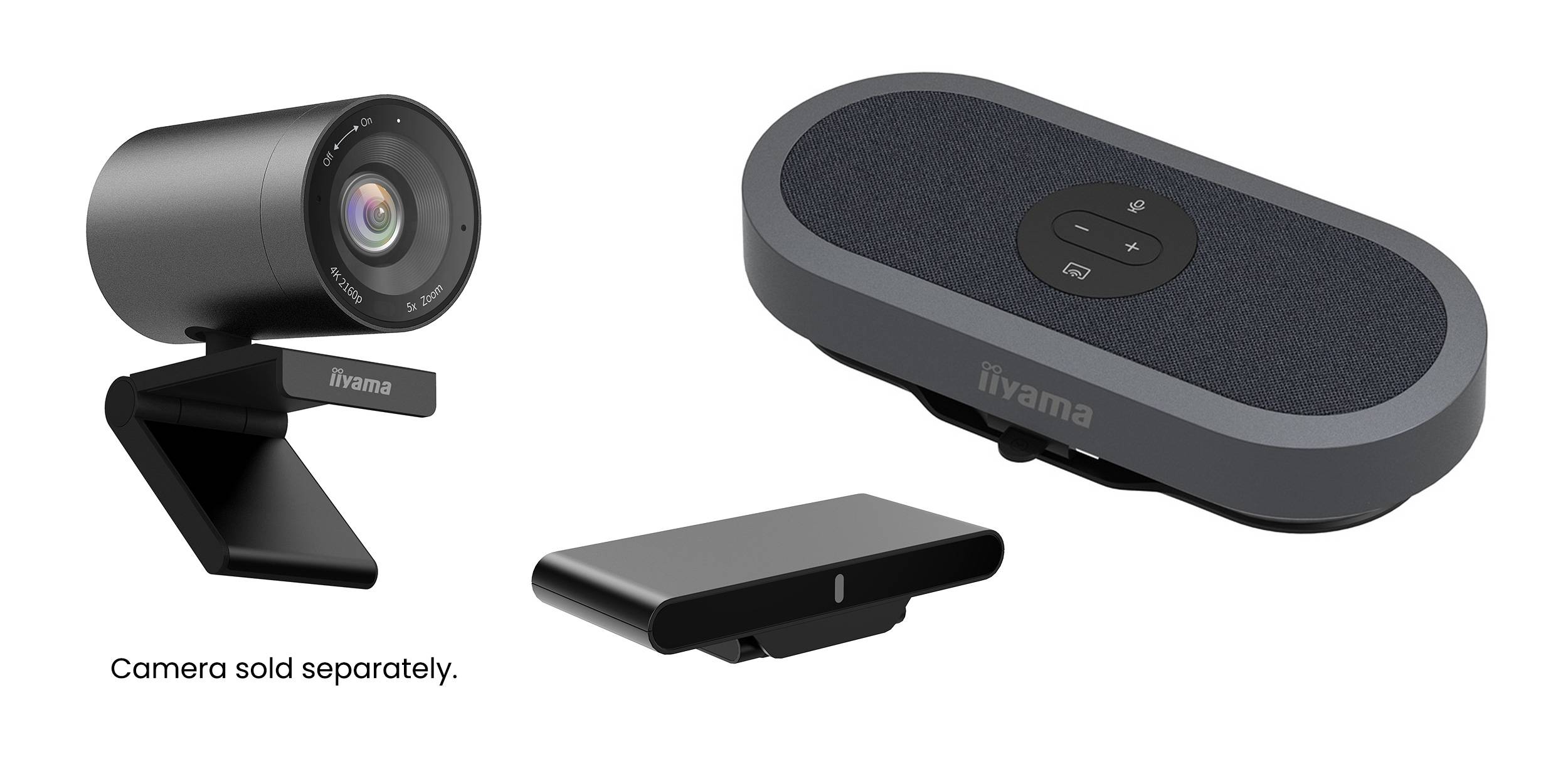 Videokonferenz-Zubehör: eine separate Webcam, ein Freisprechtelefon und eine kleine Kamerahalterung mit der Aufschrift „Kamera wird separat verkauft".
