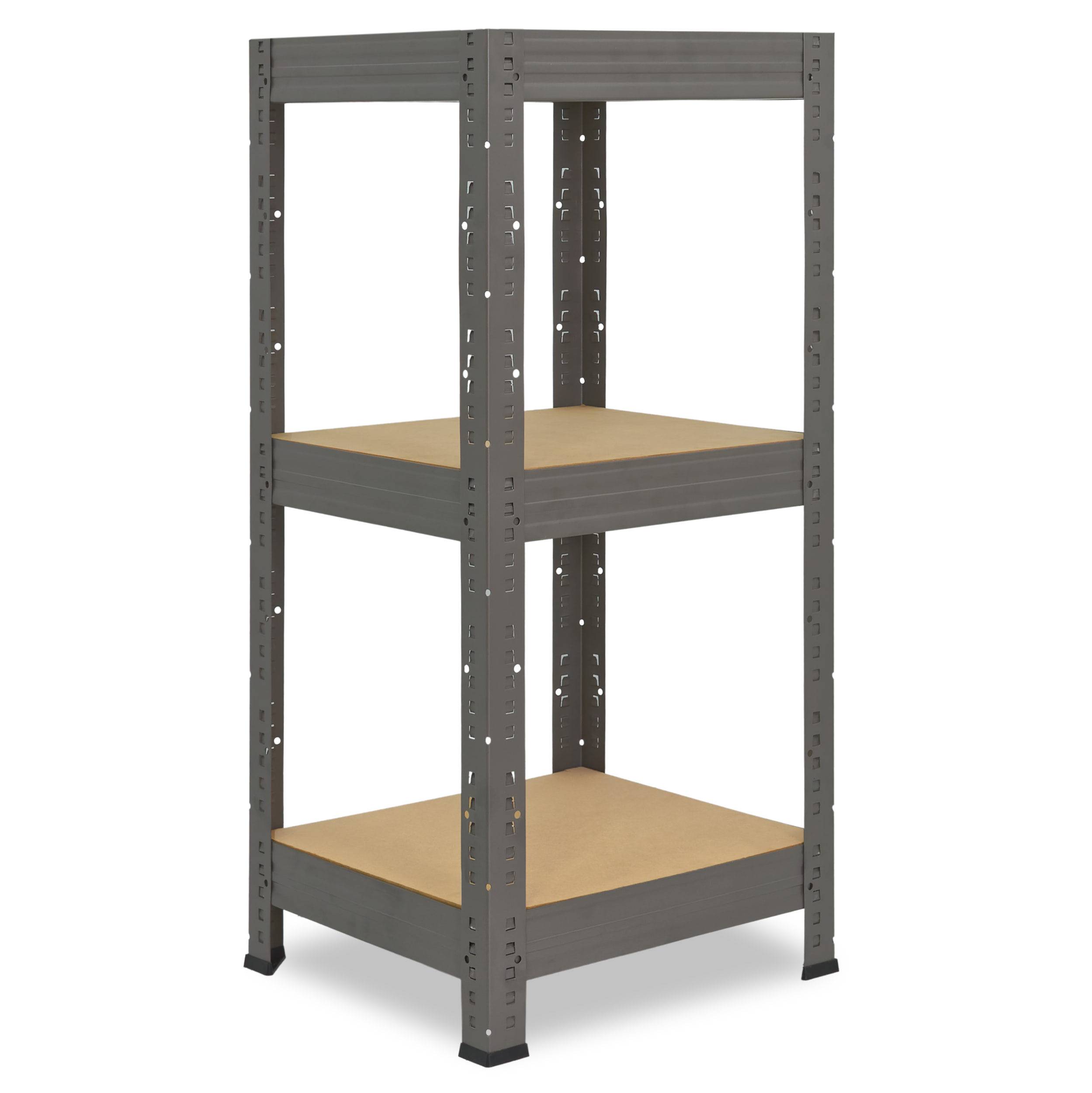 Graues Metallregal mit zwei beige Holzböden auf weißem Hintergrund.