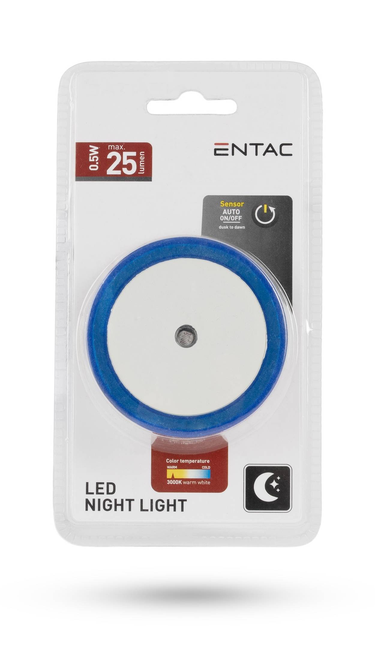 ENTAC LED-Nachtlicht in Blisterverpackung, mit kreisförmigem blau-weißem Licht, Sensor-Automatik Ein/Aus, und max. 0,5W, 25 lm Kennzeichnung.