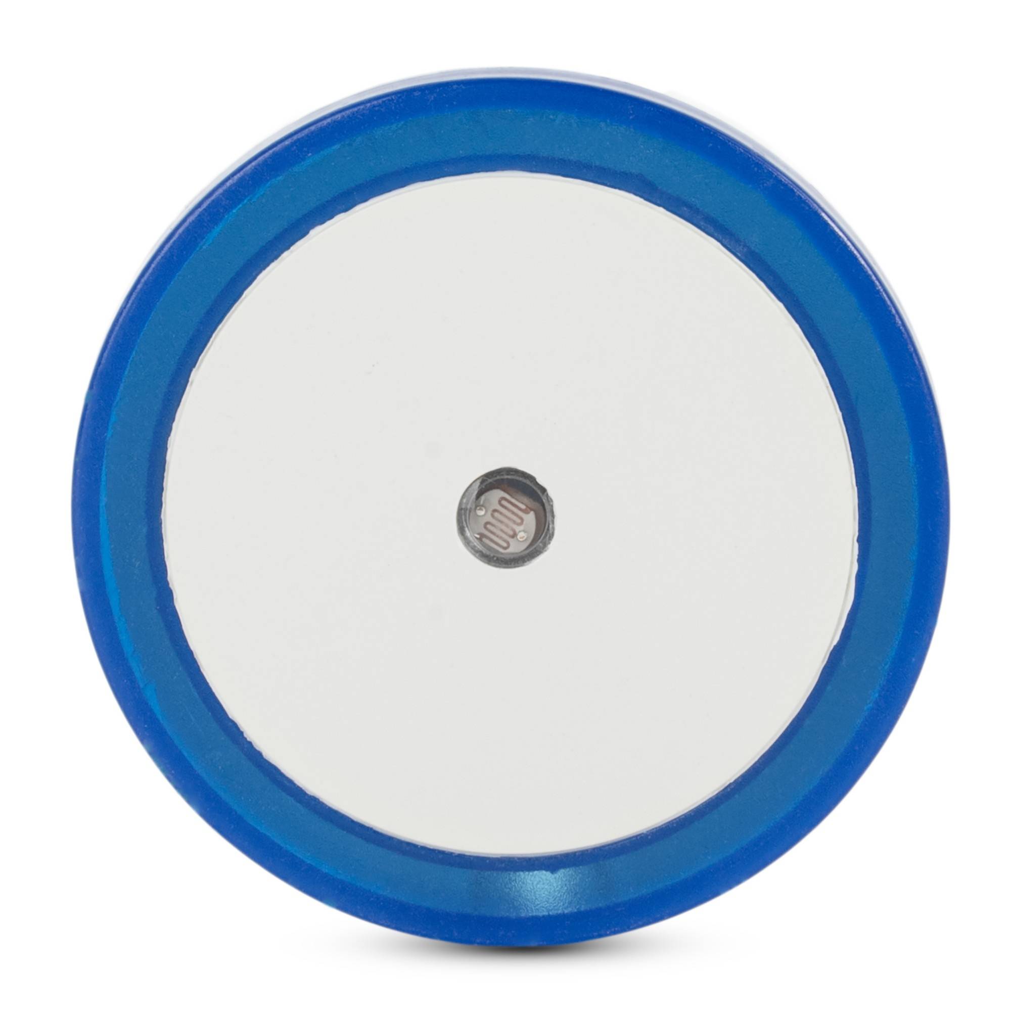 Nahaufnahme eines kreisförmigen Sensors mit blauem Rand, weißem Gesicht und kleinem zentralem Lichtsensor, gezeigt vor einem einfachen Hintergrund.