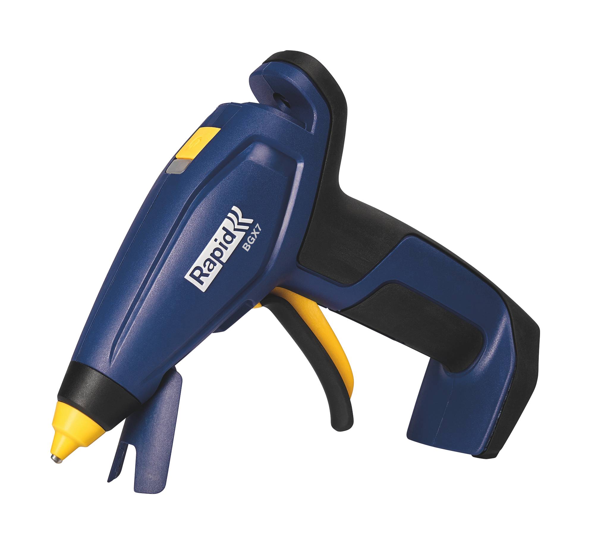 Blauschwarze kabellose Schnellklebepistole BGX mit gelbem Auslöser und Düse auf weißem Hintergrund.
