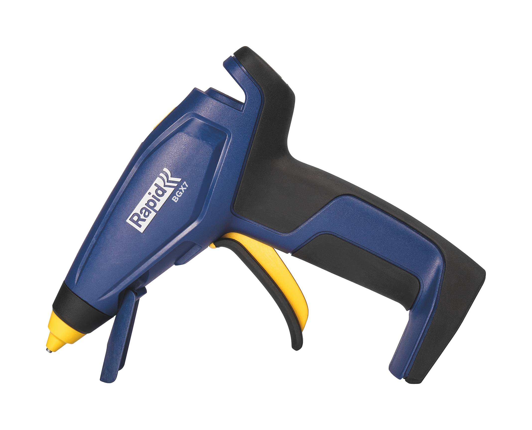 Blau-schwarze kabellose Heißklebepistole mit gelbem Abzug, gekennzeichnet mit „Rapid BGX7