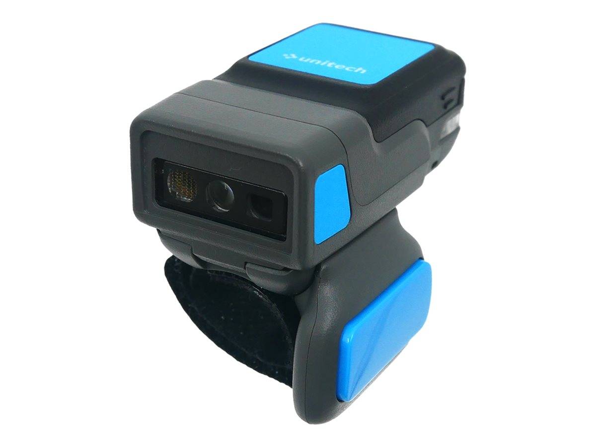 Ein schwarz-blauer tragbarer Scanner-Ring mit einem vorderen Sensorfenster und verstellbarem Riemen auf weißem Hintergrund.