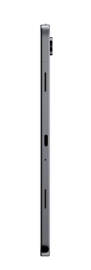 Seitenansicht eines schlanken grauen Smartphones, das die Seitenschaltflächen und Anschlüsse auf einem einfachen weißen Hintergrund zeigt.